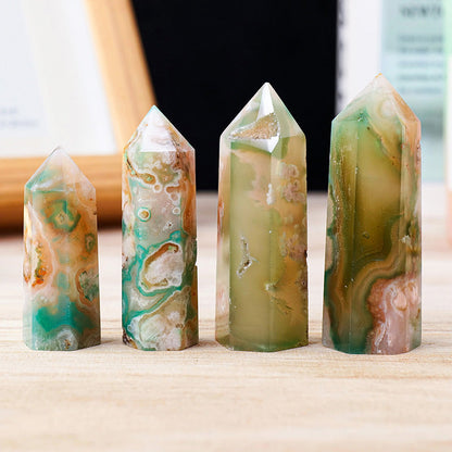 Natural Green Cherry Blossom Agate Single Point Hexagonal Tower