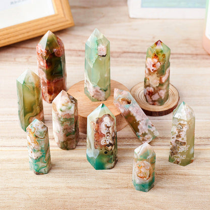 Natural Green Cherry Blossom Agate Single Point Hexagonal Tower