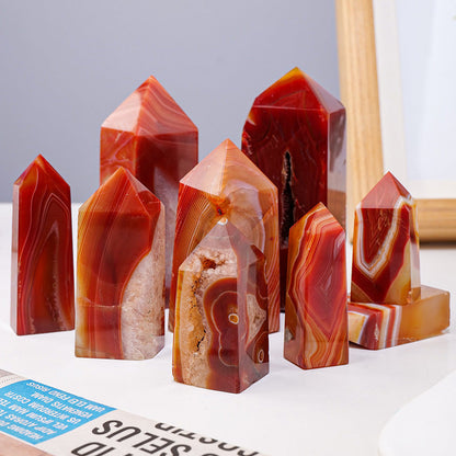 Natural Crystal Red Agate Four-Sided Tower