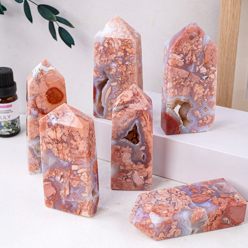 Natural Pink Agate Four-Sided Tower