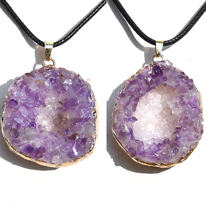 Natural Crystal Cave Crystal Cluster Set with Amethyst Gold-Plated Pendant