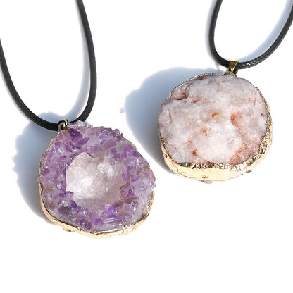 Natural Crystal Cave Crystal Cluster Set with Amethyst Gold-Plated Pendant