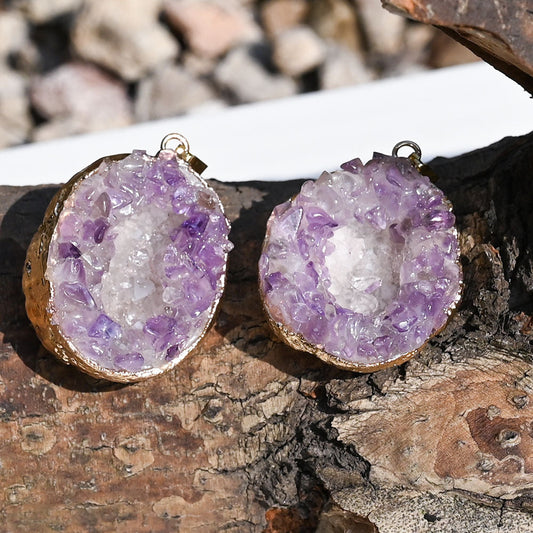 Natural Crystal Cave Crystal Cluster Set with Amethyst Gold-Plated Pendant